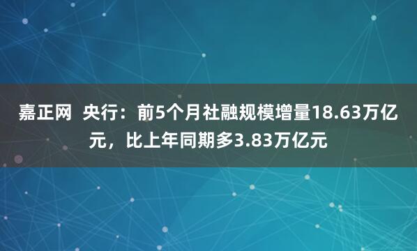嘉正网  央行：前5个月社融规模增量18.63万亿元，比上年同期多3.83万亿元